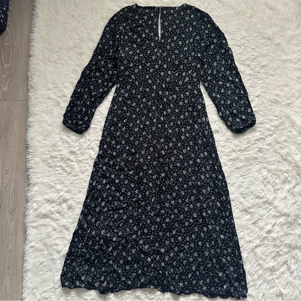 Madewell Dress Ruched Midi V-neck Long Sleeve Floral True Black 2 - Picture 5 of 14